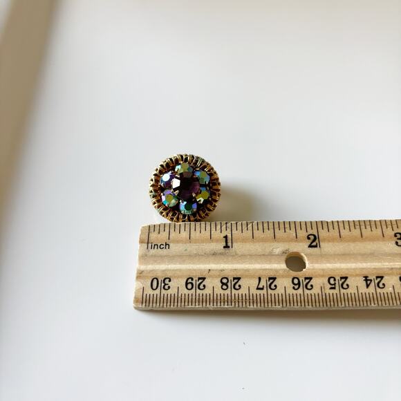 Vintage Aurora Borealis Rhinestone Clip On Earrings Blue Gold - Picture 8 of 11